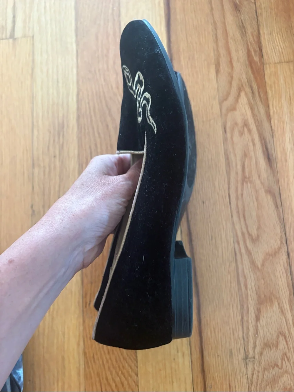 Naturalizer Black Velvet Flats with Gold Snake Embroidery